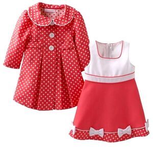 BONNIE BABY Infant Girls Dressy Pink Polka Dot Jacket & Dress Set Formal 12M